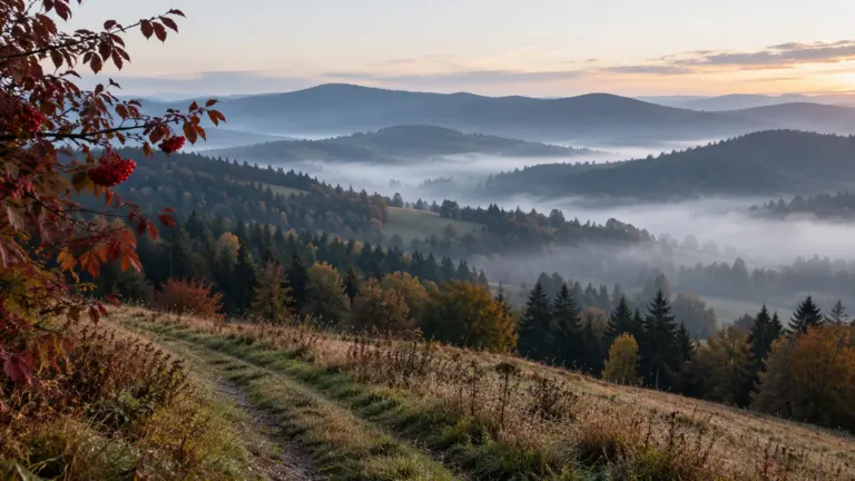 Beskid makowski: Polna ścieżka wśród beskidzkich wzgórz otulonych poranną mgłą