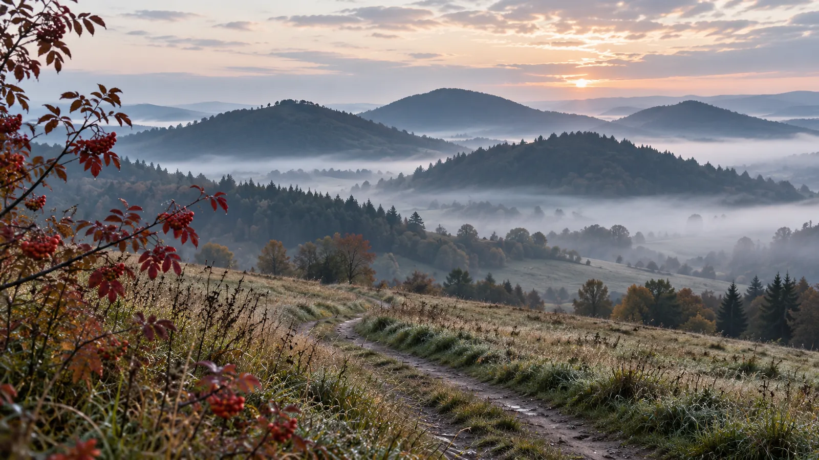 Beskid wyspowy: Polna droga wśród jesiennych łąk i zamglonych beskidzkich wzgórz