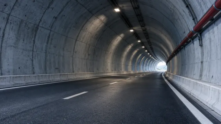 Najdłuższy tunel w krakowie: Pusty tunel drogowy z betonowym sklepieniem i światłem w oddali