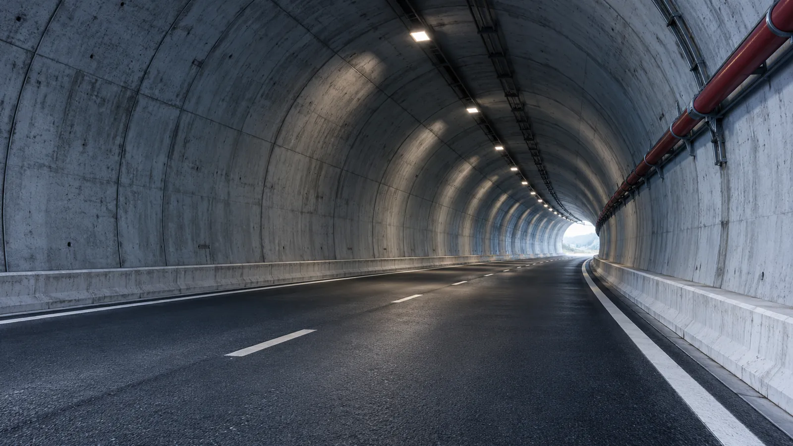 Najdłuższy tunel w krakowie: Pusty tunel drogowy z betonowym sklepieniem i światłem w oddali